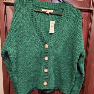 LOFT Emerald Green Ribbed V-Neck Cardigan